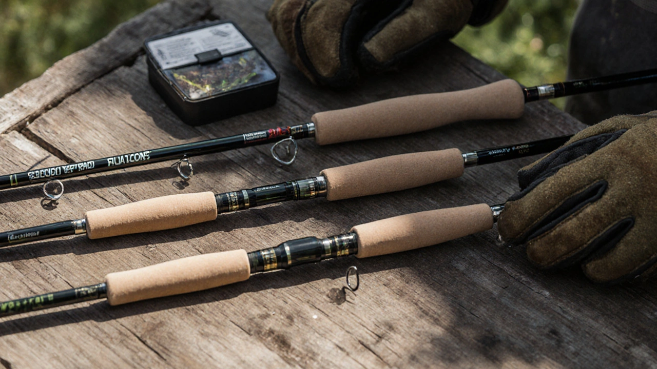 Три удочки на деревянном столе с указанием теста и материалов.