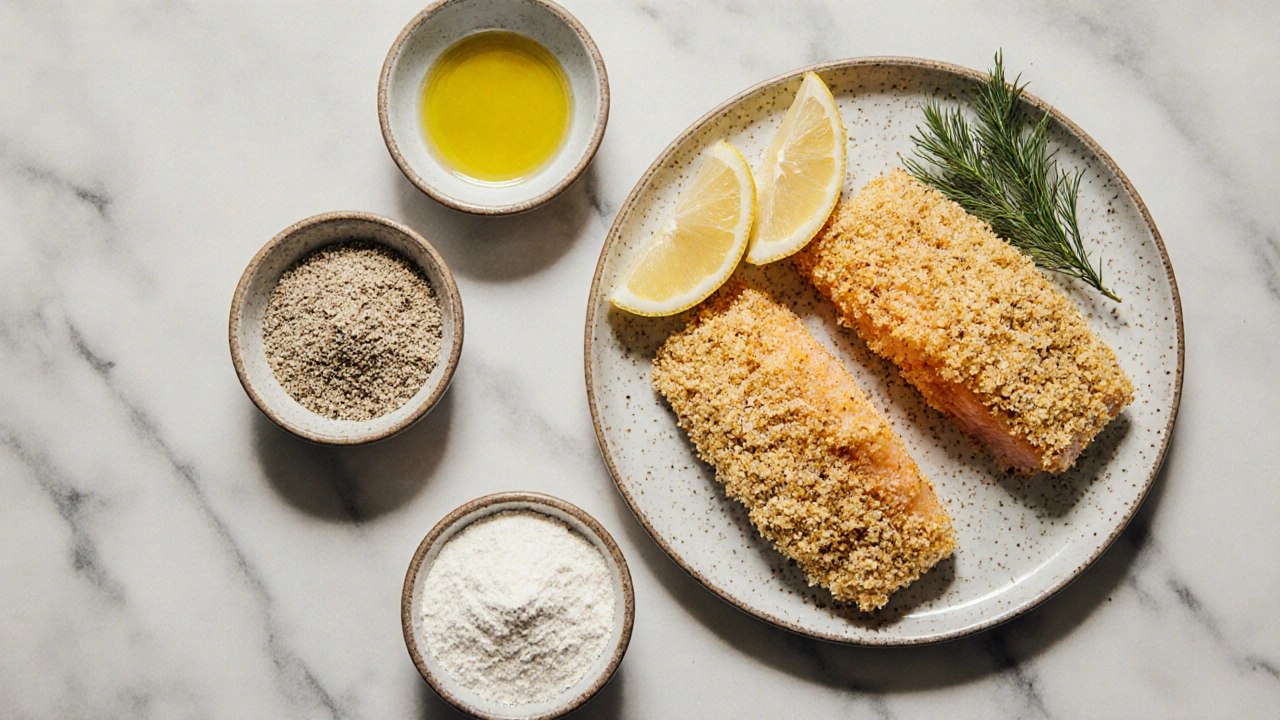 Три вида панировки рядом с обжаренной рыбой и лимоном.