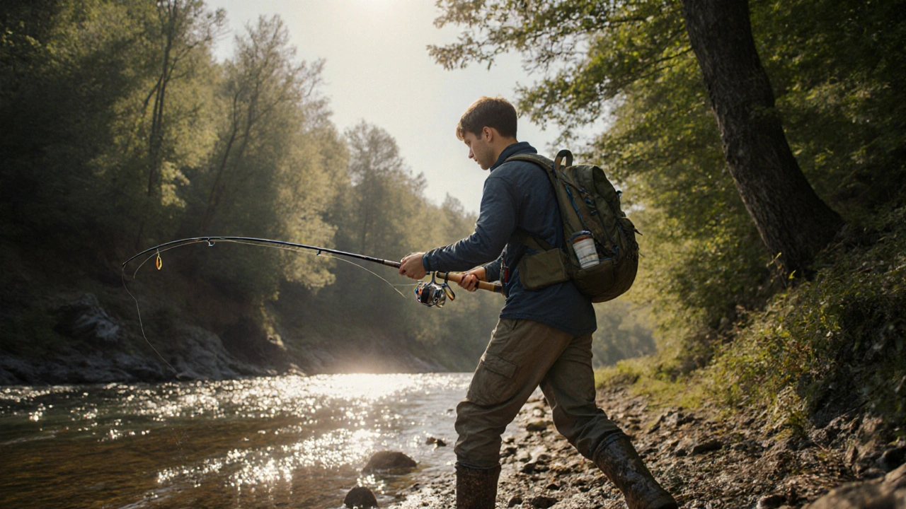 Юный рыбак с легким спиннингом бросает приманку вдоль лесного берега.