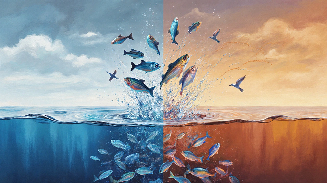 Визуализация факторов жора: падение давления, рост температуры воды и рыба, стремительно поднимающаяся к поверхности.
