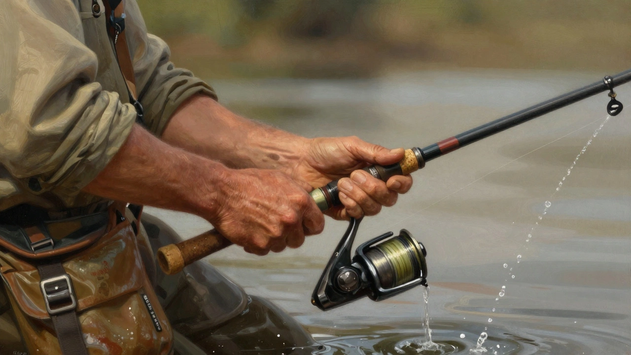 Близкий план рук рыбака, держащих спиннинг, капли воды в воздухе, на заднем плане — снасти и берег.