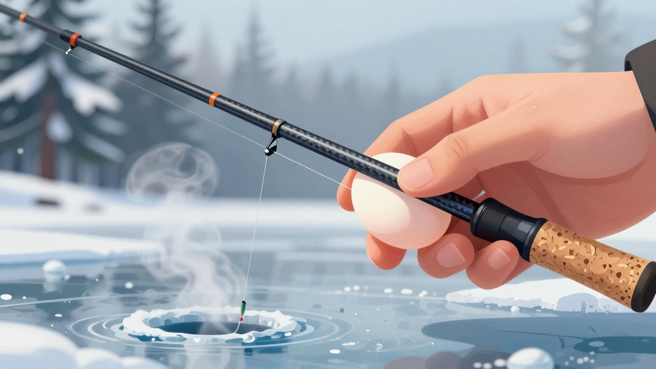 Близкий план рук с расслабленными пальцами, держащих удочку на льду, кончик которой дрожит от едва заметного касания рыбы.