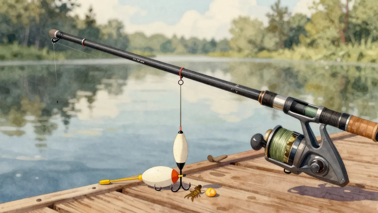 Близкий план снасти: поплавок, леска и крючок с мотылём и кукурузой на спокойной воде.