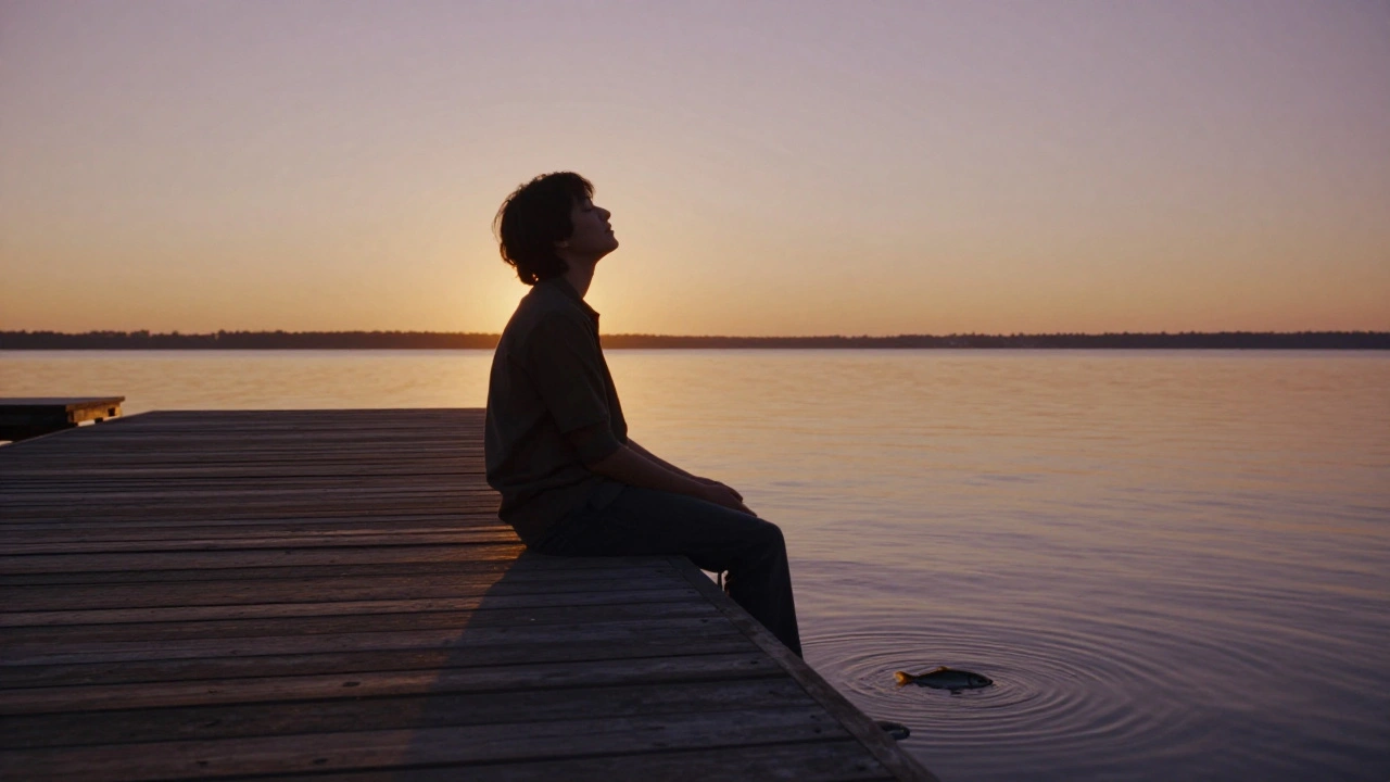 Человек закрыл глаза на причале на закате, выпуская рыбу обратно в воду — спокойствие и принятие.