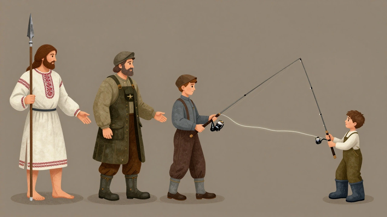 Цепочка рук из разных эпох, соединённых рыболовной леской, символизирующая преемственность рыбалки.