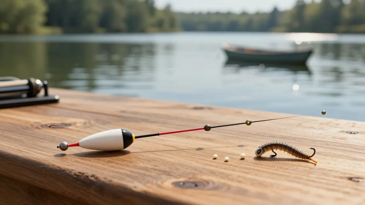 Детализированная снасть для ловли на поплавок: поплавок, дробинки, крючок с наживкой на деревянном столе.