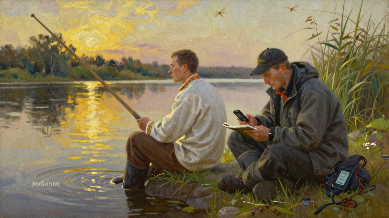 Два рыбака на берегу реки: один с поплавком, другой с эхолотом — контраст традиции и науки.