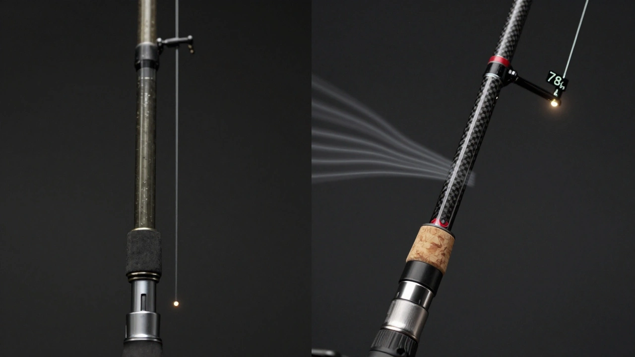 Два удилища рядом: тяжелое глухое и легкое с передачей вибраций — контраст чувствительности.