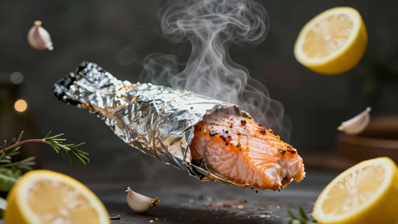 Фольга раскрывается, обнажая сочную рыбу и пар, травы и лимон в воздухе.