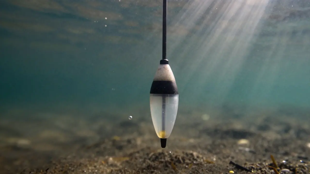 Глубинный поплавок с внутренним грузилом в толще воды при ловле карпа.