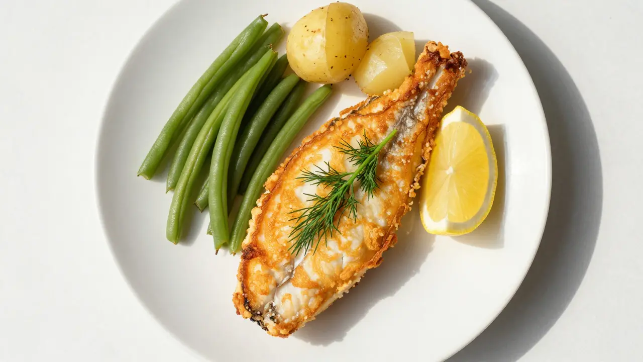 Готовая жареная рыба на тарелке с лимоном и укропом.