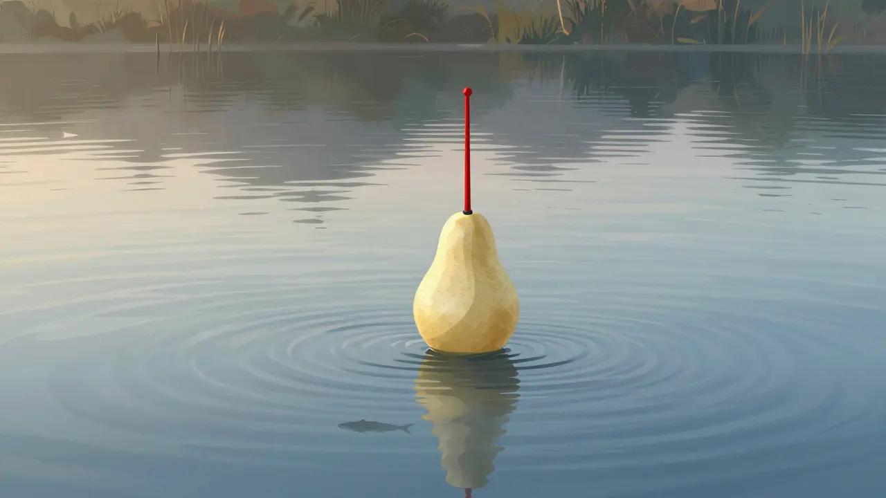 Грушевидный поплавок вертикально стоит в спокойной воде озера с яркой антенной.