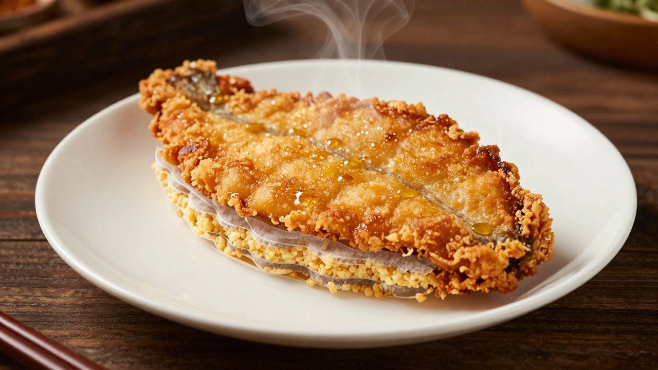 Хрустящая жареная рыба с золотистой корочкой, пар поднимается от поверхности.