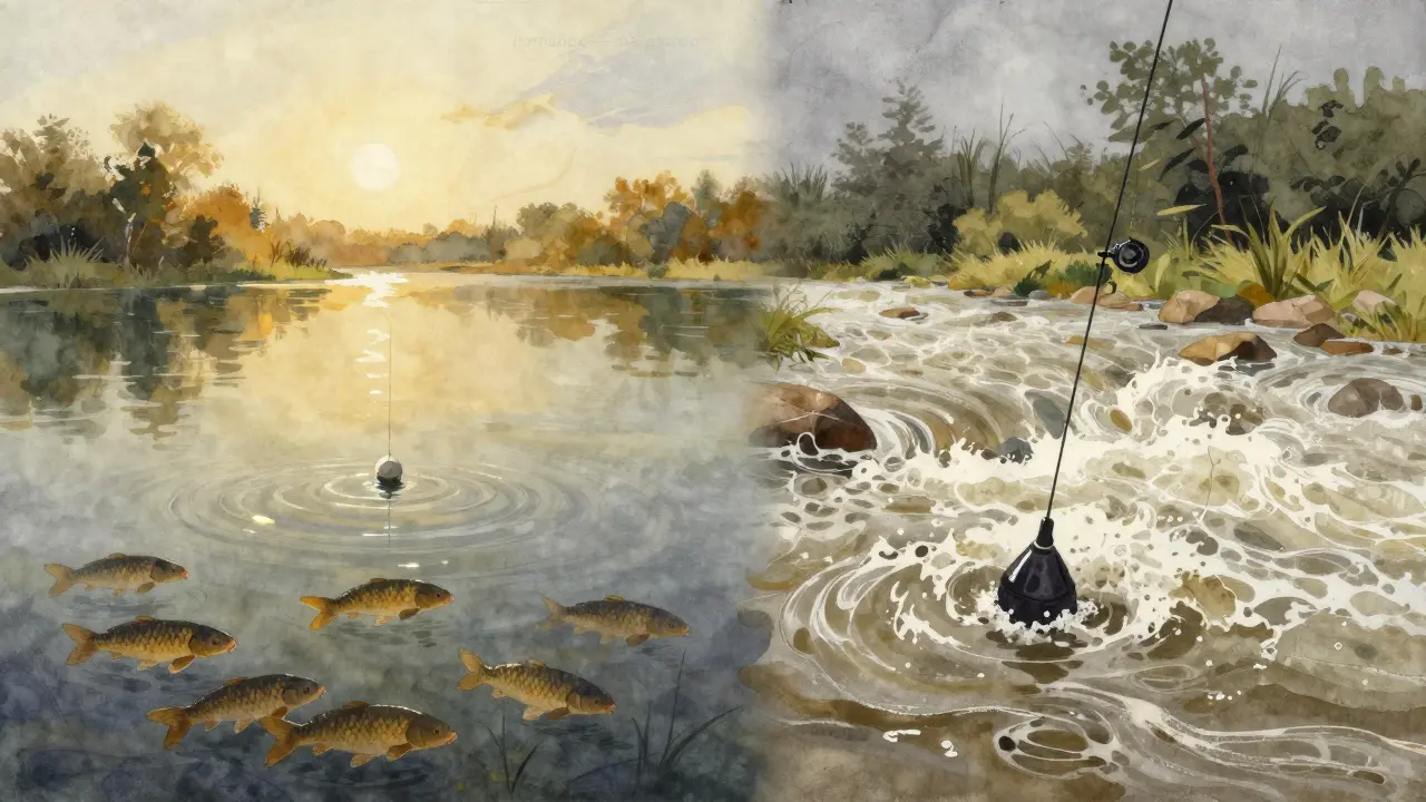 Контраст между спокойной ловлей на поплавок и агрессивной ловлей на фидер в разных условиях воды.