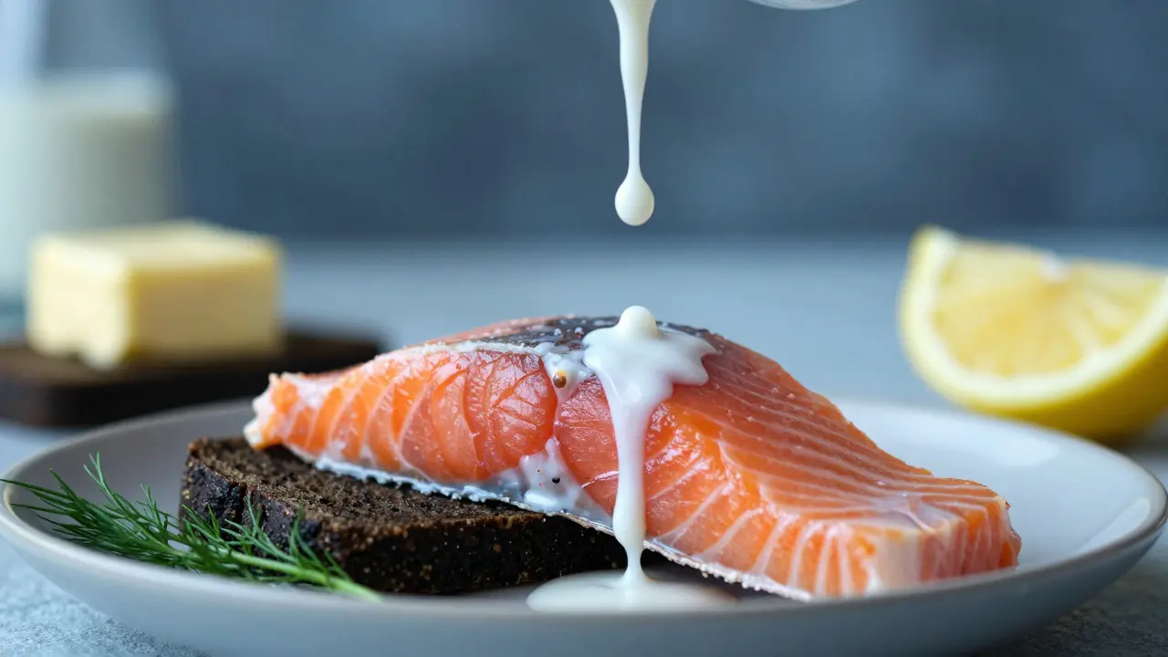 Кусок соленой рыбы с падающей каплей молока — спасение от пересола.