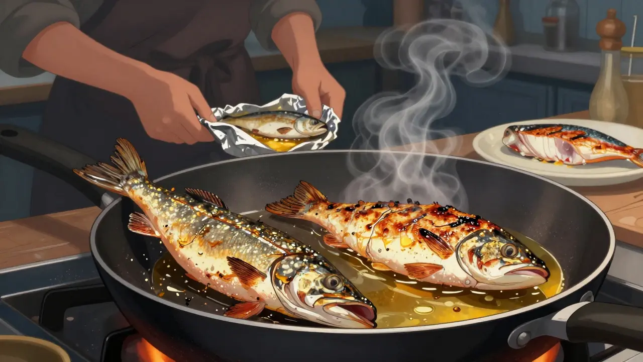 На сковороде сушится щука, рядом идеально жарится лещ, в фоне — рыба в фольге в духовке.