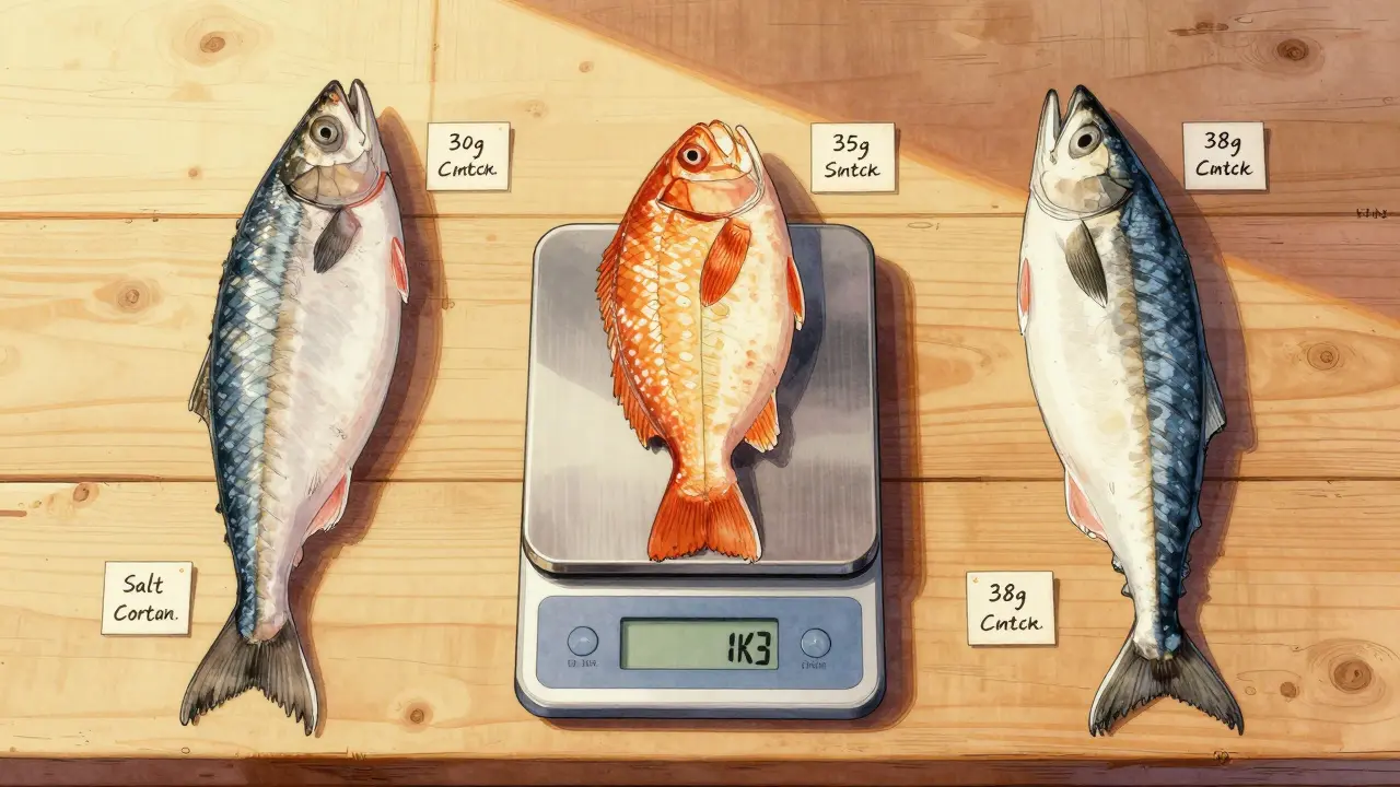 На столе три вида рыбы с указанными дозами соли и временем соления.