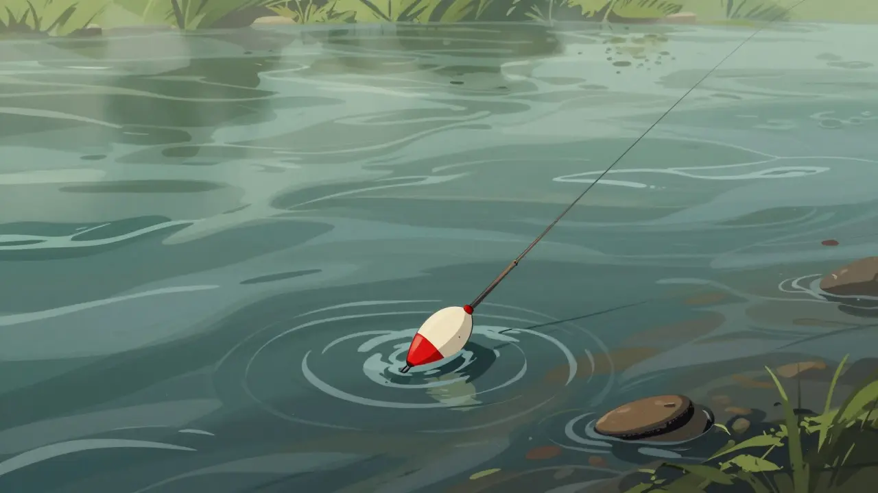 Поплавок 5 грамм с плоским грузилом в умеренном течении реки, снасть стабильно держит вертикальное положение.