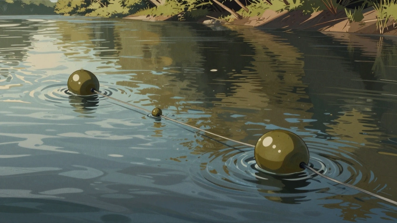 Поплавок с двумя оливками на умеренном течении, вода искажает отражение берега.