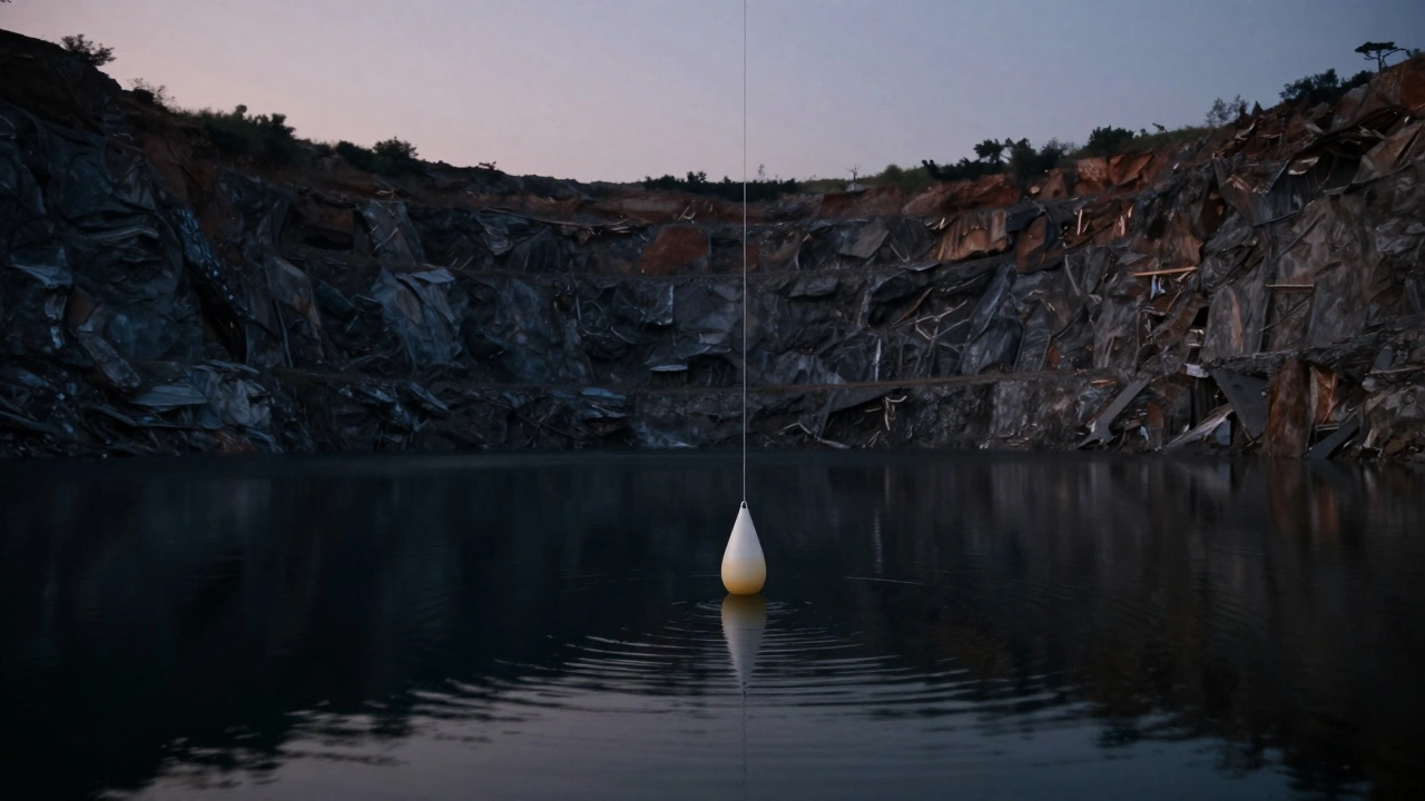Поплавок с каплевидным грузом 4 грамма на глубоком карьере, линия прямая, вода темная.