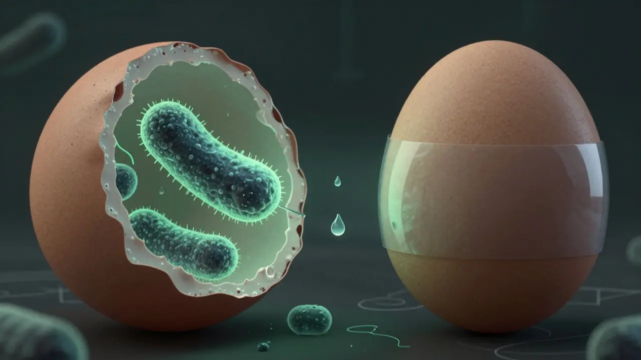 Разрез яйца: бактерии проникают внутрь через поры под действием воды, в сравнении с целой кутикулой.