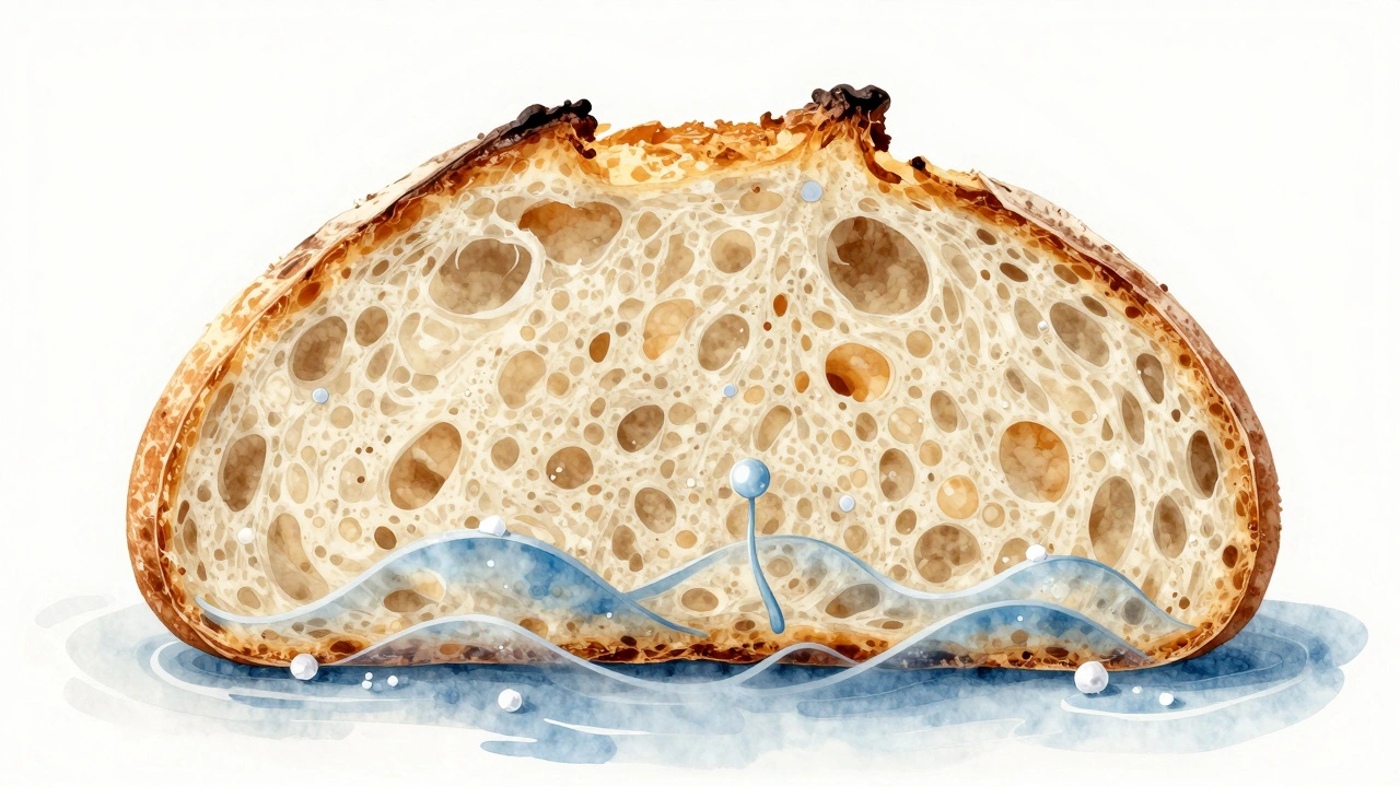 Разрез хлеба с воздушной структурой, вокруг — волны, символизирующие замедление брожения солью.