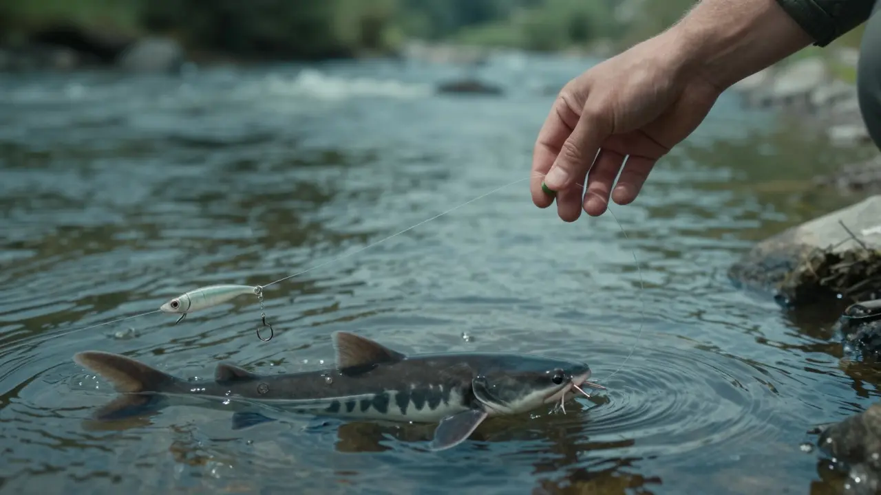 Рука опускает удочку в реку, с прозрачными слоями, показывающими реакцию рыбы на приманку.