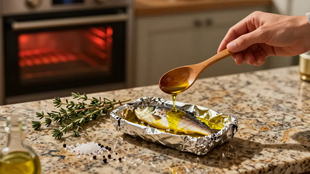 Рука поливает рыбу в фольге оливковым маслом, рядом специи и травы.