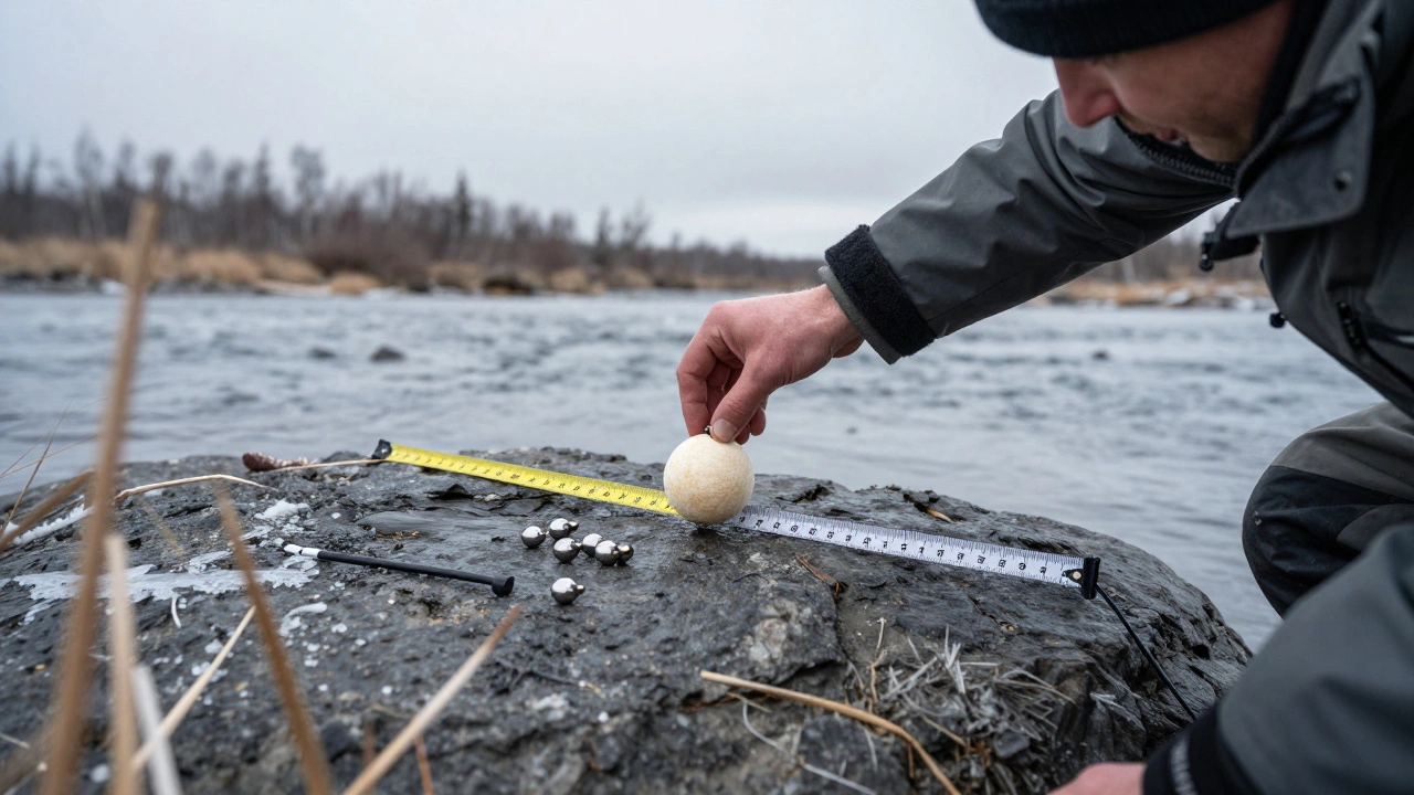 Рука устанавливает поплавок 1.5 г на оснастку Santee с дробинками и измерительной лентой.