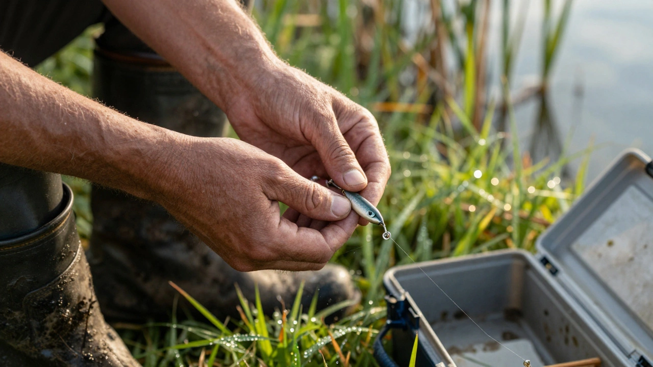 Руки держат приманку на фоне травы и грязных ботинок — простота и терпение в деталях.