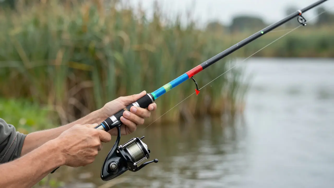 Руки рыбака держат удочку, на ней визуализированы напряжение и баланс.