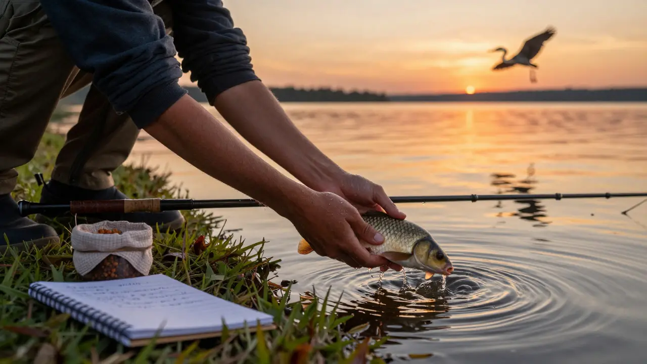 Руки выпускают карася обратно в воду на закате, рядом — удочка и записная книжка.