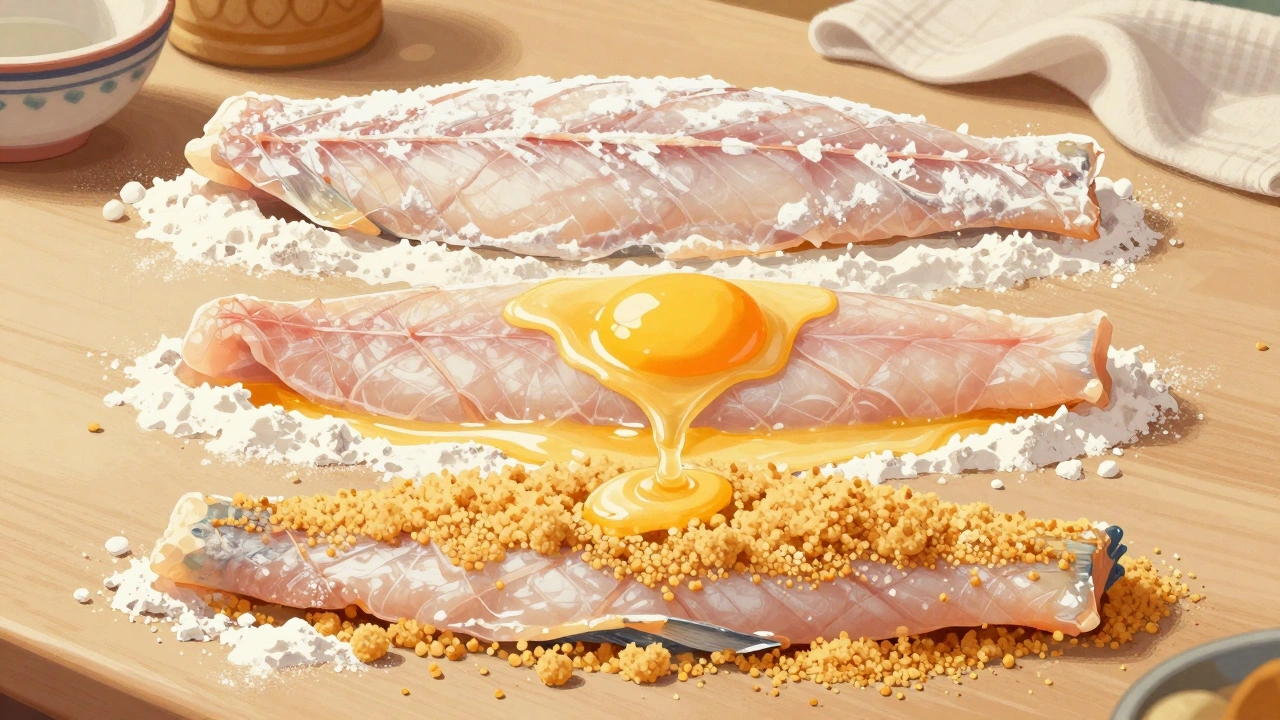 Рыба поэтапно панируется: мука, яйцо, панировочные сухари — три слоя в одном кадре.