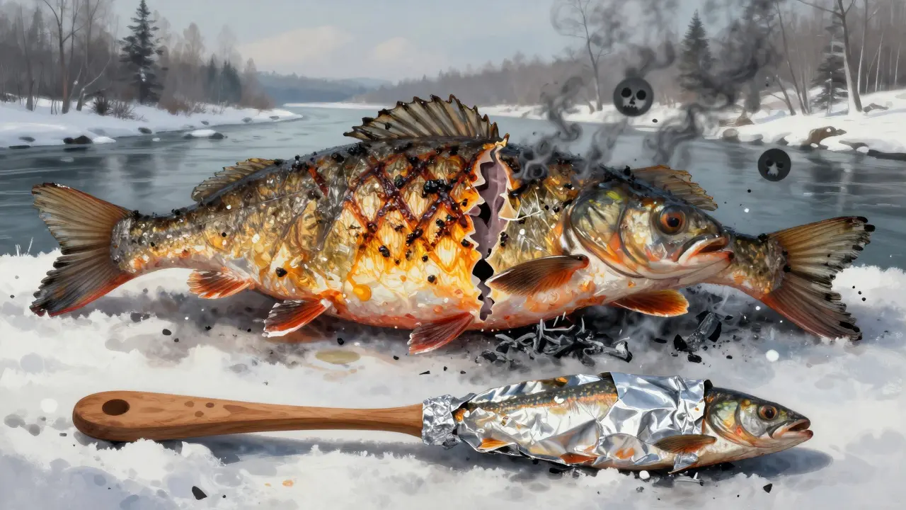 Рыба разделена пополам: одна сторона — идеально жареная, другая — сгоревшая и дымящаяся.