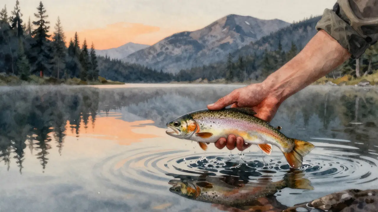 Рыбак отпускает рыбу в озеро на закате, вода отражает деревья, рыба исчезает в глубине.