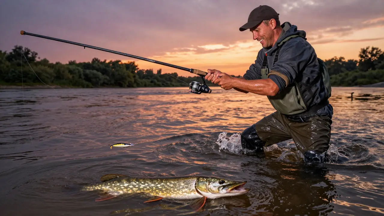 Рыбак в реке с спиннингом, забрасывает приманку, закат, щука в воде