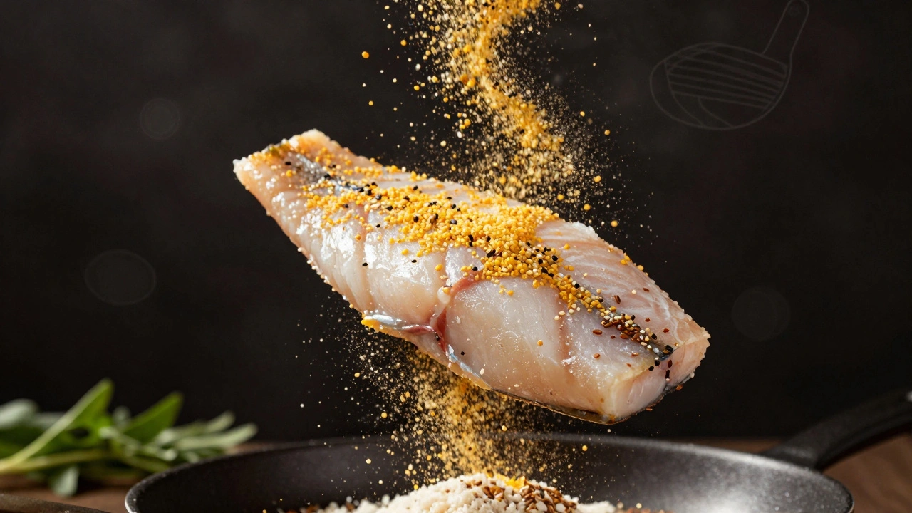 Рыбное филе в воздухе, окружённое плавающими частицами натуральных панировок