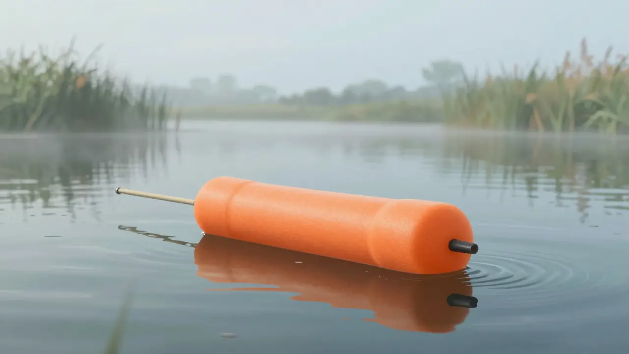 Самодельный поплавок из пенополиэтилена плавает на тихой воде с видимым грузилом ниже.