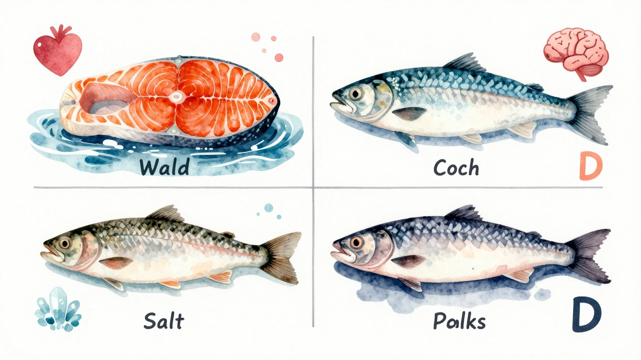 Сбалансированный набор полезных видов рыбы с символами здоровья.