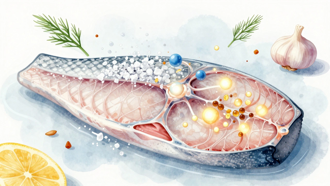 Схематичное изображение проникновения соли и сахара в мышцы рыбы с ароматными травами