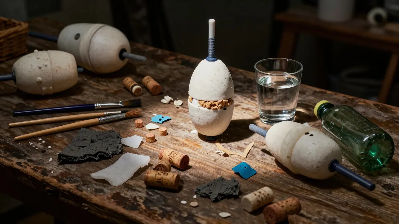 Собранные материалы для самодельных поплавков: пробки, пенопласт, пластик на деревянном столе.