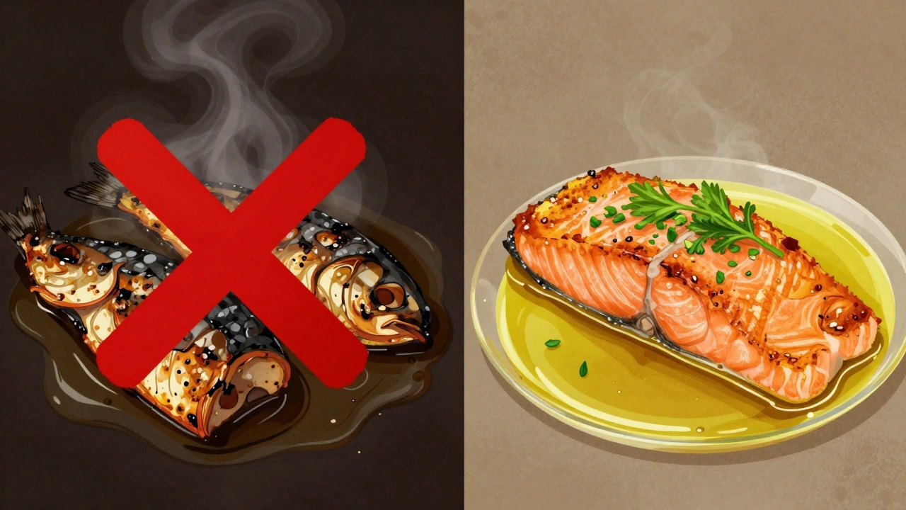 Сравнение: испорченная рыба с дымом слева и идеально пожаренная справа.