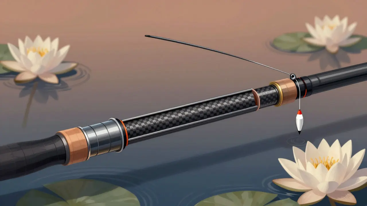 Средний строй поплавочной удочки с композитной структурой, гнущейся под легким грузом.