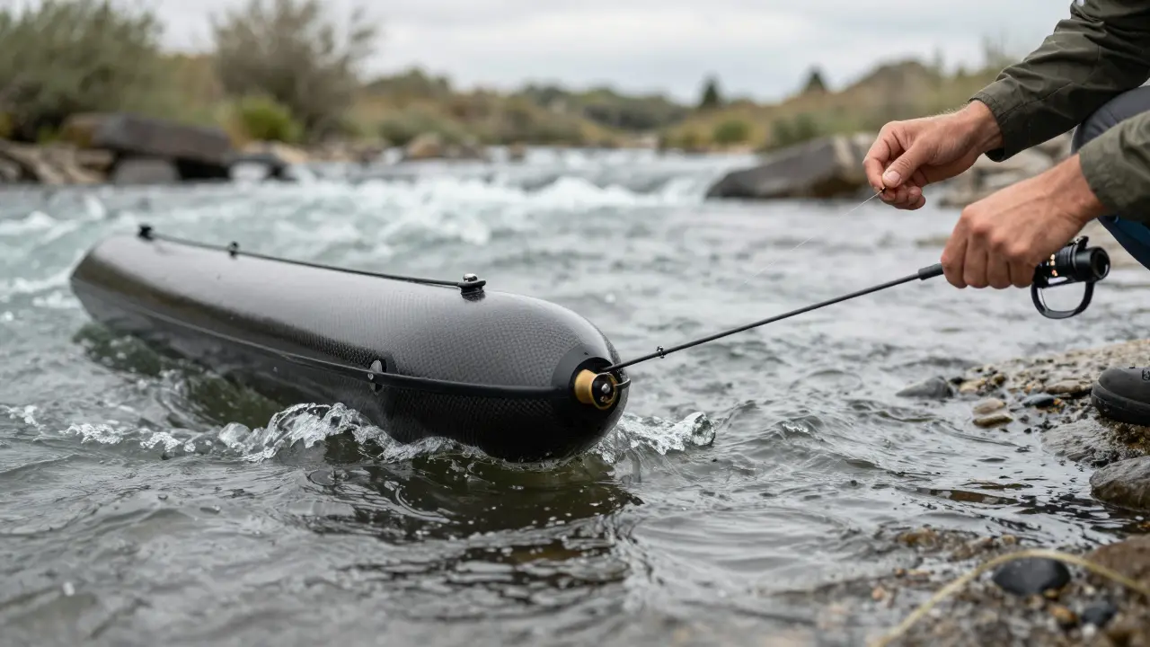 Течевой поплавок из углепластика устойчиво держится в течении реки с натянутой леской.