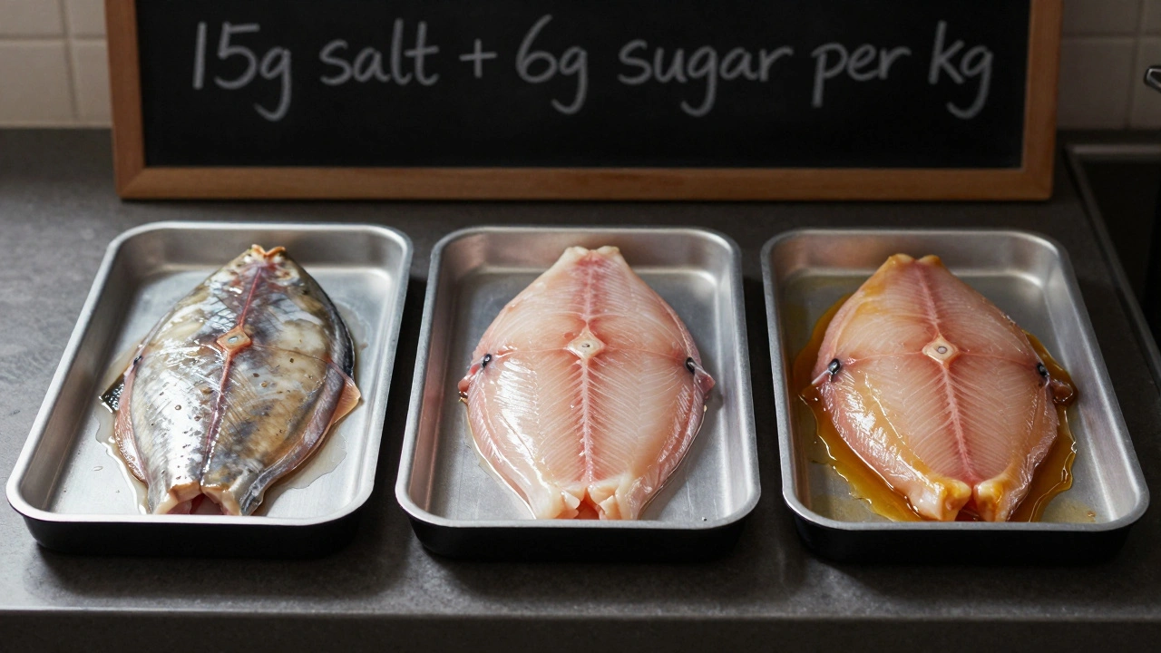 Три куска рыбы с разной степенью маринования: недосоленный, идеальный, пересоленный