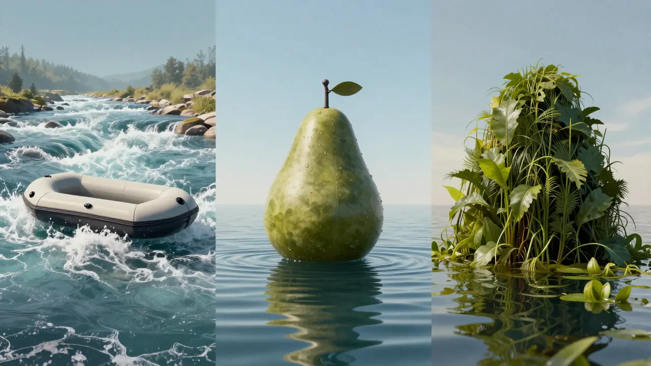 Три поплавка: один в водорослях, другой уносится течением, третий стоит на месте.