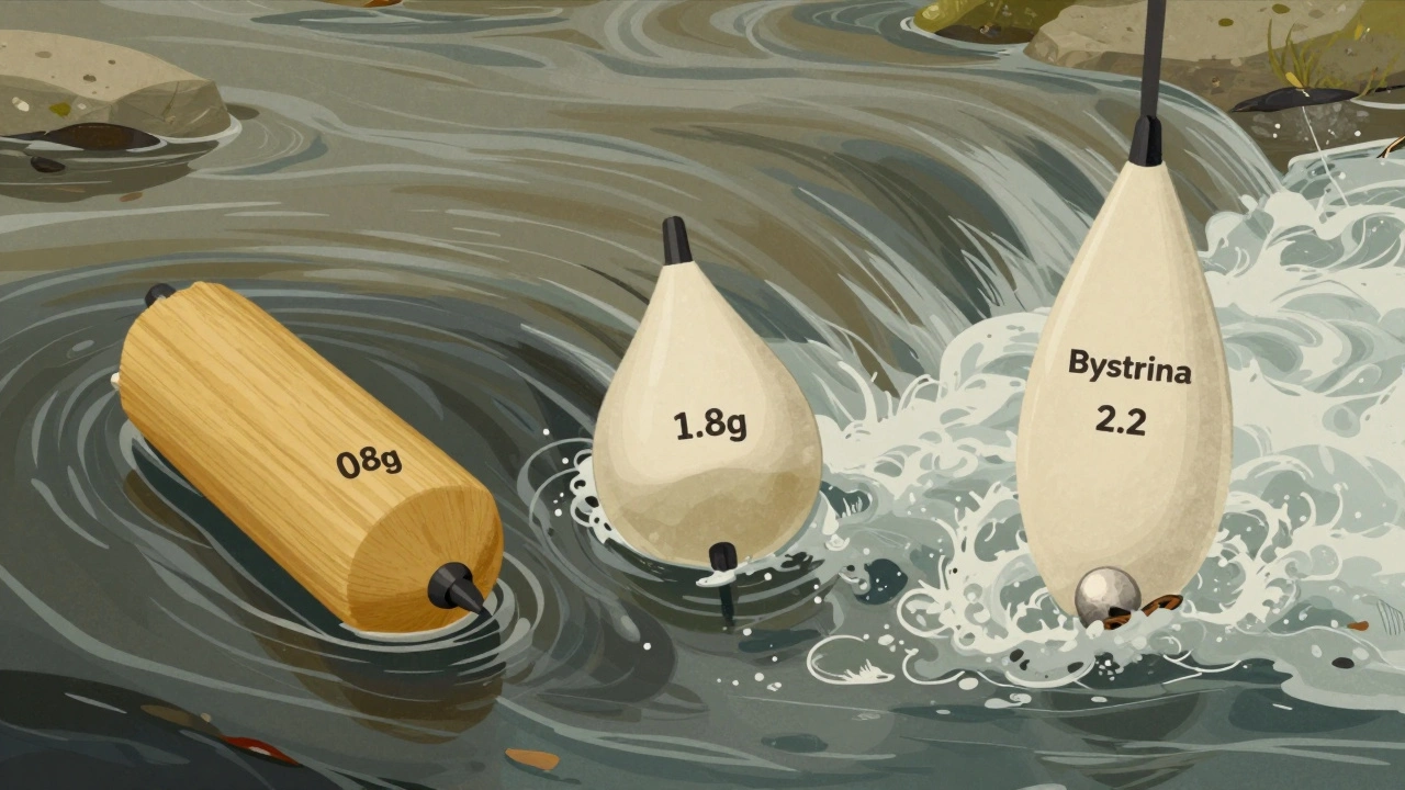 Три поплавка Santee в разных течениях: легкий, средний и тяжелый, с характерными формами.