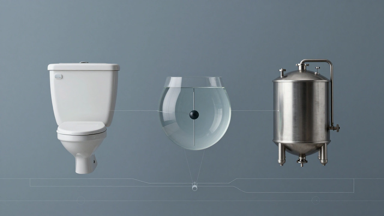 Три типа поплавков: в унитазе, аквариуме и промышленном резервуаре, демонстрирующие один принцип.