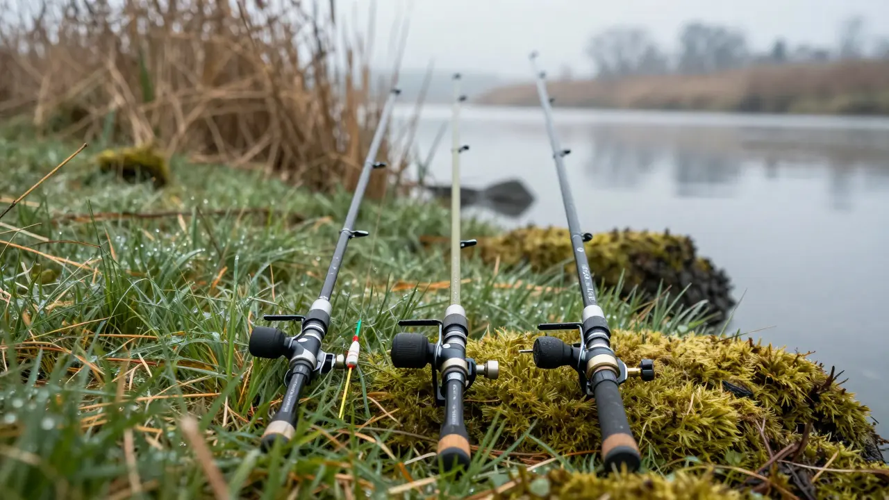 Три типа поплавочных удилищ на берегу, каждое с подходящим поплавком и грузилом.