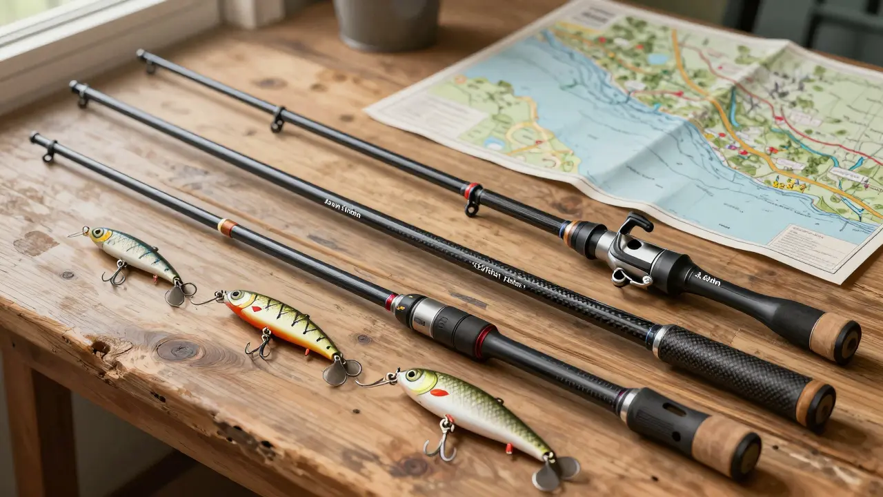Три удочки разной длины и материала на деревянном столе с приманками.
